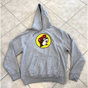 Buc-ees Hoodie Mens L Gray Pullover Sweatshirt Kangaroo‎ Pocket Logo Graphic